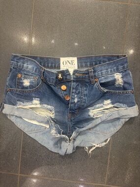 One Teaspoon Distressed Blue Denim Jean Shorts